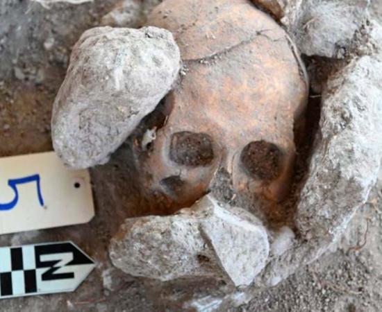 Male skull with tabular deformation found amongst Maya burials at the Moral-Reforma Archaeological Project. Source: INAH