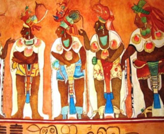This is an artist's copy of a mural at the Temple of the Murals at Bonampak, a Maya archaeological site showing examples of heavy jewelry.