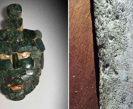 Undated photo of a mosaic jade mask discovered inside an ancient Maya tomb dating back 1,700 years in Chochkitam, Guatemala, near the borders of what are now Mexico and Belize, on July 1, 2022. Source: Francisco Estrada-Belli/Tulane University