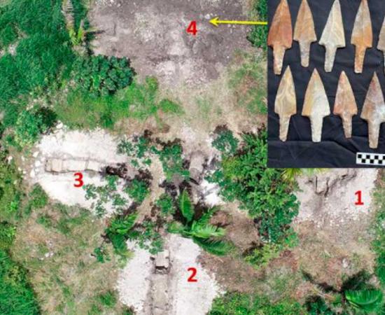 Aerial view of the elite platform and the 15 stemmed macroblades found in a cache at the Maya settlement in Belize. Source: ©2022 VOPA and Belize Institute of Archaeology, NICH / University of Illinois