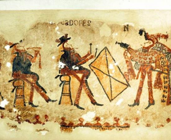 Part of the Maya wall paintings featuring musicians dressed in European attire (three figures on the left) and a dancer in Maya dress (rightmost figure).  Image: R. Słaboński / Antiquity Publications Ltd