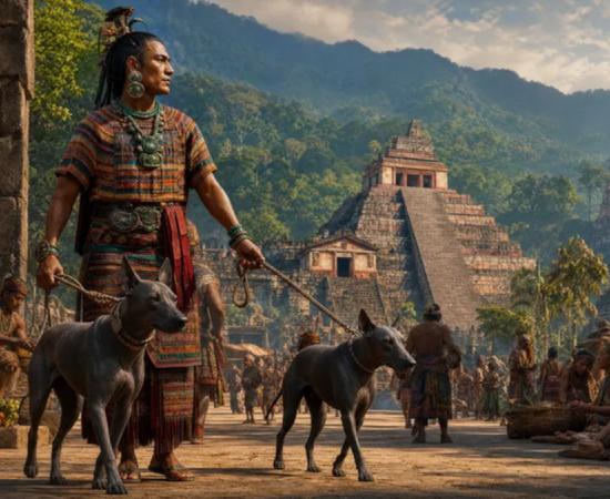 Representation of Maya city in Mexico, with Maya dog trader and dogs.
