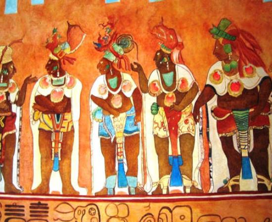 Well-preserved ancient Maya murals are seen inside a temple in Bonampak, Mexico