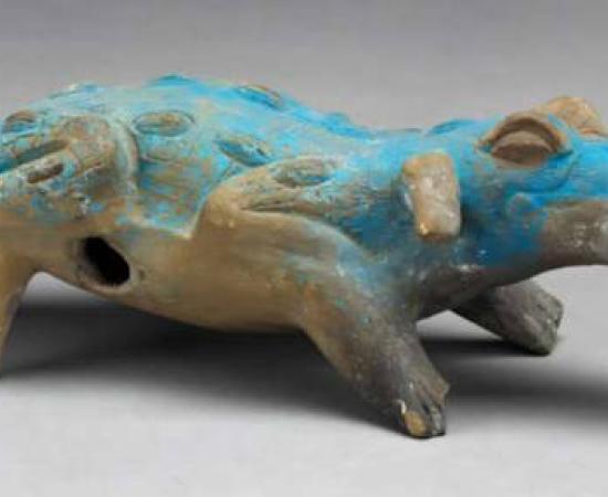 Cacao-pod-crocodile, rattle-whistle, painted with Maya Blue coloring