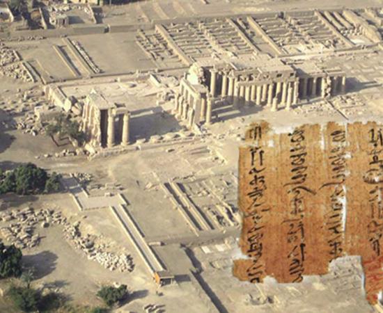 Aerial view of Thebes' Ramesseum, showing pylons and secondary buildings and the Medical Papyri.
