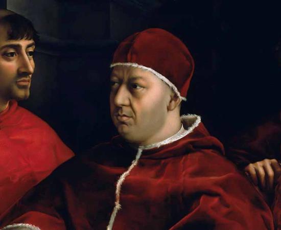 Pope Leo X and his cousins, by Raphael. Pope Leo X was a prominent member of the Medici Dynasty and Pope of the Catholic Church. 	Source: Public domain