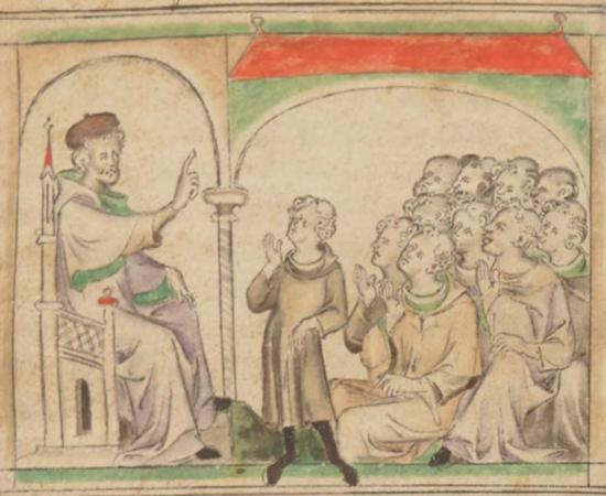Medieval teaching scene. 