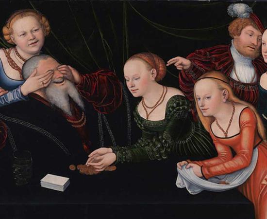 Old man beguiled by courtesans.