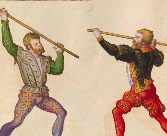 Spiked versions of long-handled peasant flails. From Paulus Hector Mair's combat manual ‘Arte De Athletica’. Public Domain