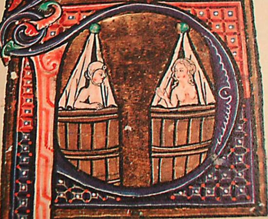 Medieval style bathing depicted in calligraphy of a book circa 1400.