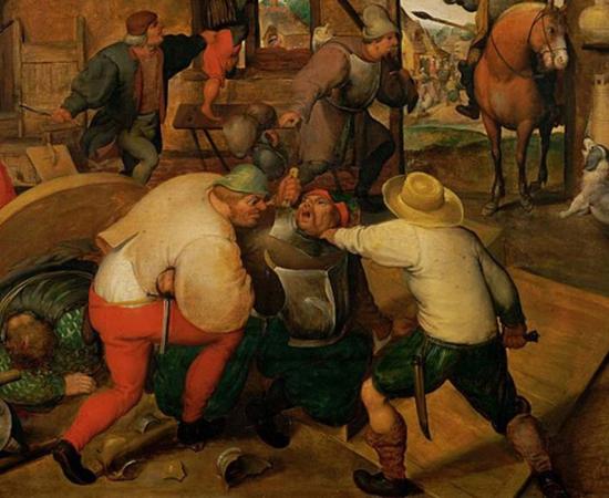 Detail of ‘Brawl between soldiers and peasants’ (1565-1570) by the Circle of Marten van Cleve. A new ‘murder map’ shows that Medieval London streets were the backdrop to many murders.