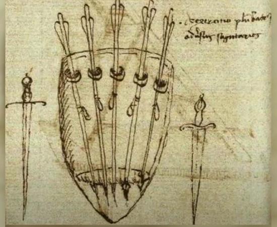 Sketch of Medieval shield and throwing darts. Source: YouTube Screenshot / Tod’s Workshop.