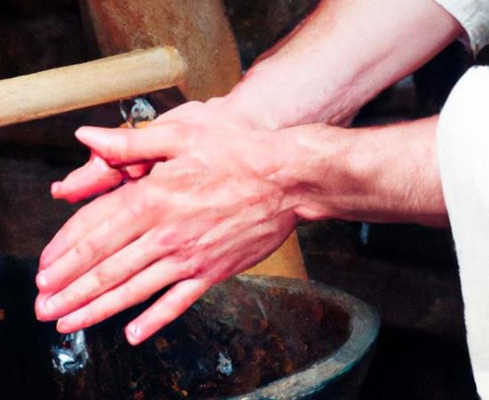 Medieval man cleaning his hands. Source: AI Generated.