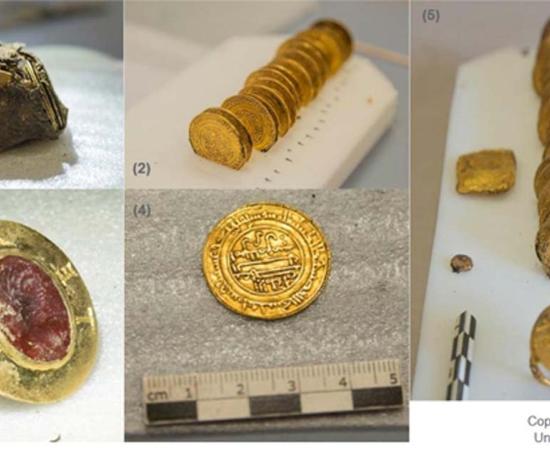 (1) Knotted tanned hide bundle before extraction of contents; (2) & (4) gold dinars; (3) signet ring with intaglio; (5) contents of knotted tanned hide bundle.