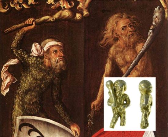 Main: A painting titled “Sylvan Men” by Albrecht Durer, 1499; “sylvan” means of the forest. (Wikimedia Commons). Inset: The Wild Man has a long history in humanity’s legends and myths. This photo shows the spoon handle found near Ipswich. (Photo by Suffolk County Council Archaeological Service)