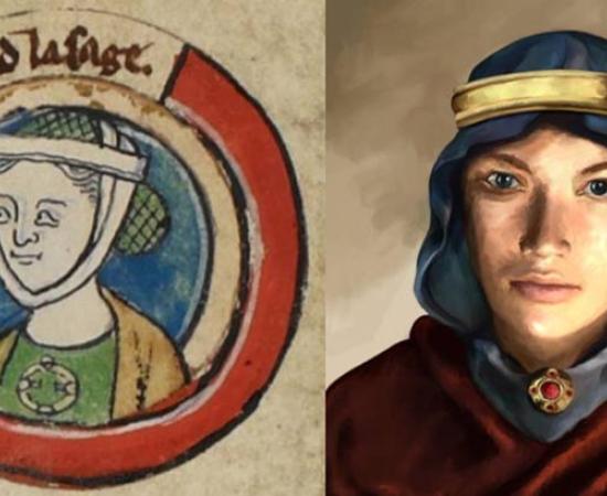 Medieval miniature of Æthelflæd in Genealogical roll of the kings of England. 14th century