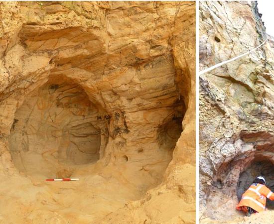 Left: The small cave is full of intricate engravings, initials and other markings, revealing insights into medieval religion. Right: Archaeologists investigating the cave, which could only be reached by abseiling.            Source: Archaeology South East