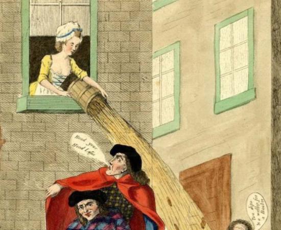 Detail of an illustration of a woman emptying her chamber pot out the window. Medieval sanitation wasn’t very sanitary. 