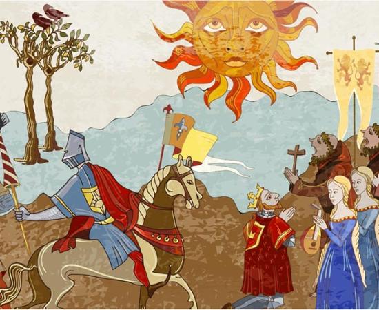 Medieval village with key players from the hierarchy including: the king, queen, priests, monks and soldiers.   Source: Matrioshka / Adobe stock