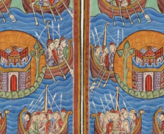 Depiction of Saxons, Jutes, and Angles crossing the sea to Britain.