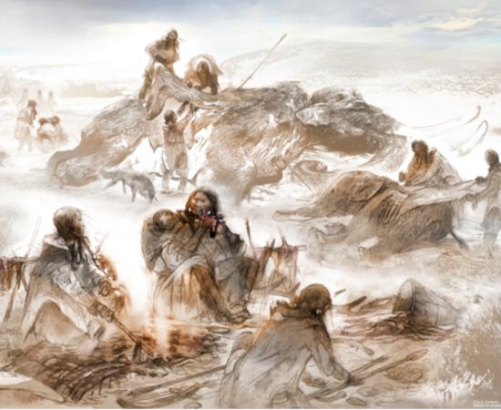 : Artist's reconstruction of Clovis life 13,000 years ago showing megafauna butchery and tool crafting.