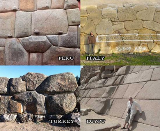 Top left: Cuzco, Peru. Top right: Western Italy. Bottom left: Alaca Hoyuk, Turkey. Bottom right: Casing stones on pyramid on Giza plateau.