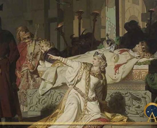 Kriemhild accuses Hagen of murdering Sigfrid after Sigfrid's wounds begin to bleed in Hagen's presence, by Emil Lauffer (1879) (Public Domain)