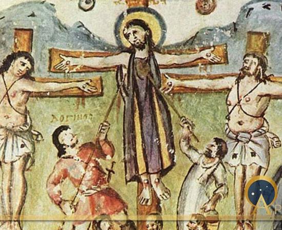 Crucifixion miniature, Rabula Gospels, with the legend "Loginos". Meister des Rabula-Evangeliums - The Yorck Project (2002) (Public Domain)