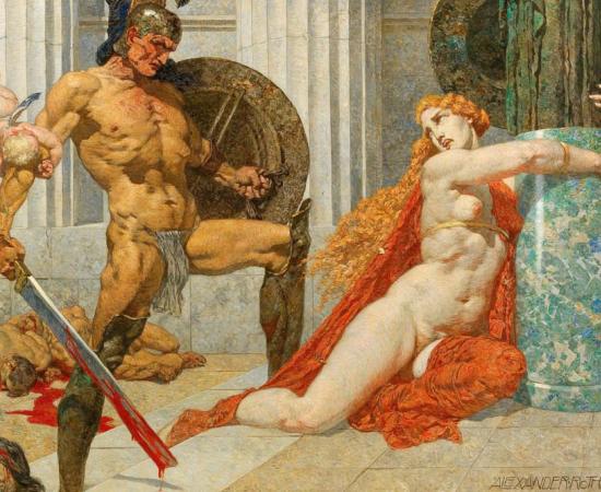 King Menelaus, seen here finding Helen at Troy, is best known as her husband. 