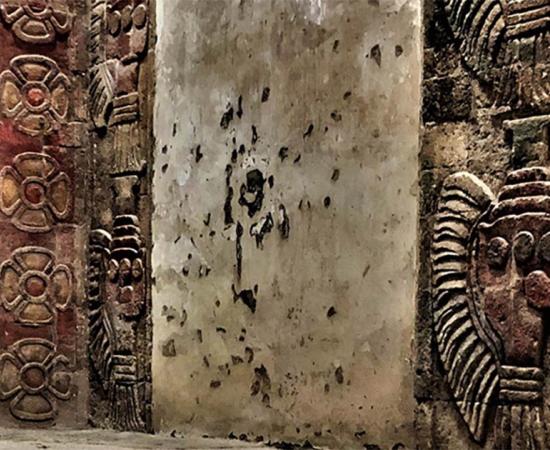 The never seen before Mesoamerican mural minerals of cinnabar and hematite found in this early Teotihuacan mural. The distinctive reds on the left side of this image are especially noteworthy.            Source: Denisse Argote Espino / INAH