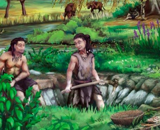 Illustration of Mesolithic people digging a pit.	Source: MOLA
