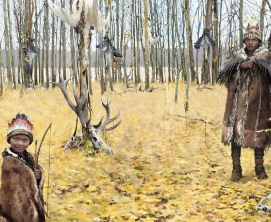 Artist’s impression of the Skateholm burial island. In the foreground is a boy whose grave contained a deer hair and possibly a fragment of a woodpecker feather. 