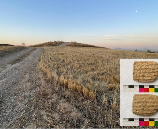 The landscape surrounding the ancient site of Kurd Qaburstan, where UCF-led excavations uncovered evidence of siege warfare, administrative archives and urban life dating back thousands of years. Inset; A cuneiform tablet from the Lower Town East palace