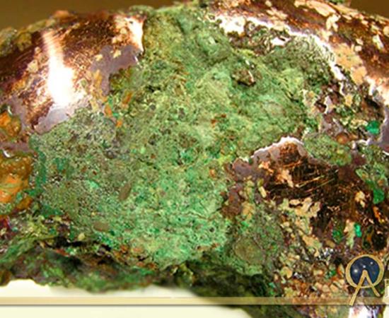 Native copper nugget from glacial drift, Ontonagon County, Michigan. An example of the raw material worked by the people of the Old Copper Complex.