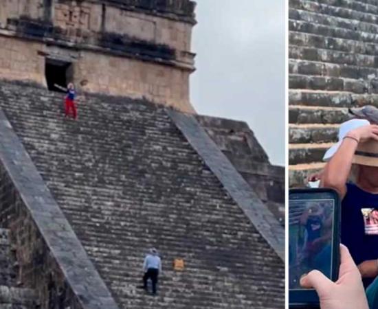 Mexican woman Abigail Villalobos trespassing on the sacred Kukulcán pyramid at Chichen Itza, Mexico. Source: Twitter