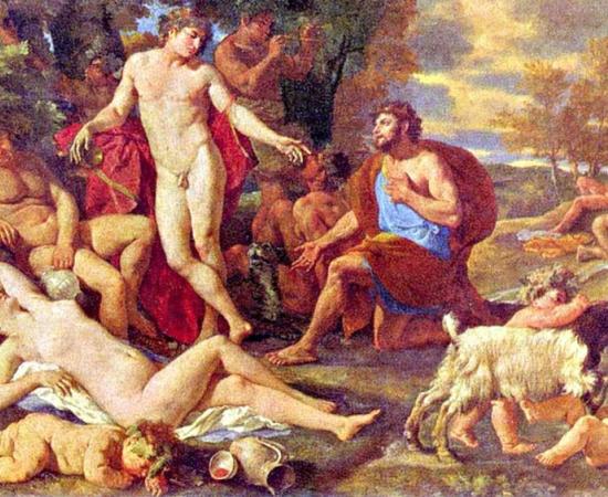 Midas and Dionysus by Poussin (1594-1665), showing the end of the myth in which Midas thanks Dionysus for freeing him of the gift/curse previously granted.