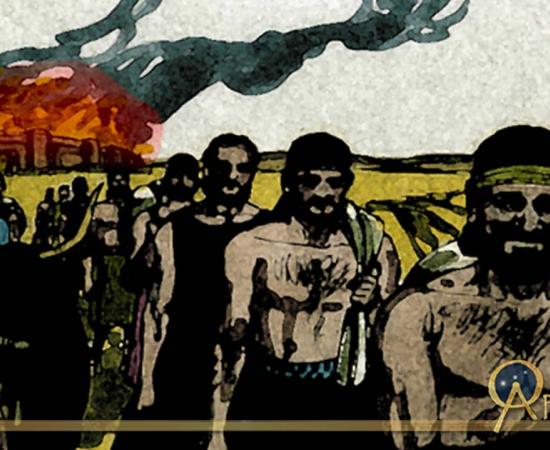 Joshua’s armies depart a burning and looted Ai. 