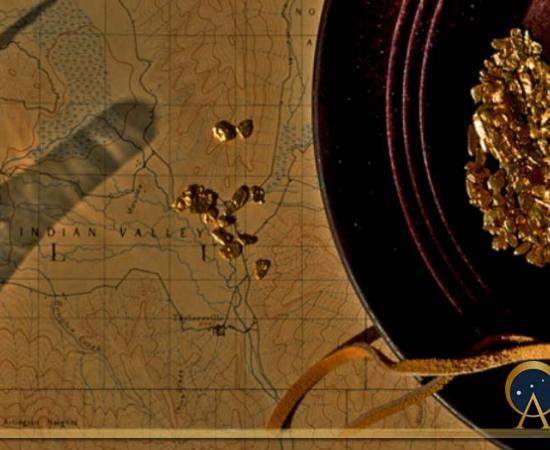 Old gold rush vignette with oil Lamp shadow, leather pouch, gold nuggets, gold pan and old topographic map (John Nakata / Adobe Stock)