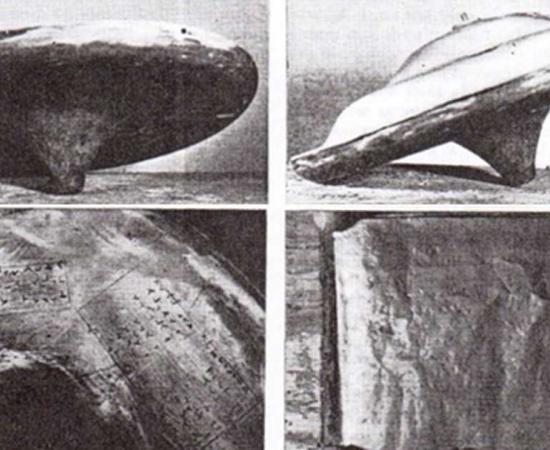 Images taken by Dr. John Dale in 1958 showing the intact saucer, the copper base with hieroglyphs and one of the copper sheets from the ‘booklet’ that contained a message from Ullo.