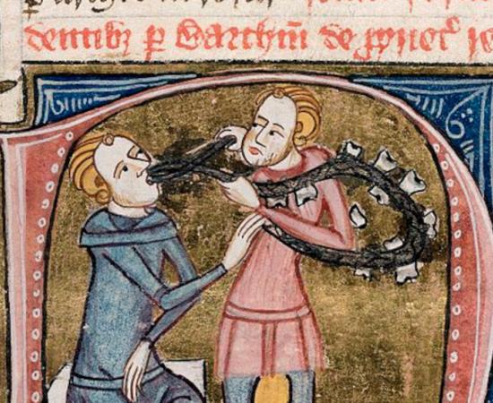 Miniature on a initial 'D' with a scene representing teeth ("dentes"). A dentist with silver forceps and a necklace of large teeth, extracting the tooth of a seated man. (England (London); 1360-1375