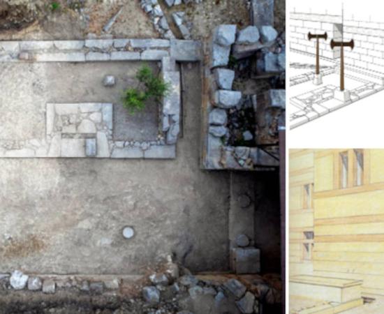 Photo of the gate sanctuary unearthed at Minoan Palace of Archanes, and artist’s impressions. 