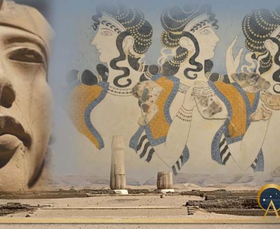 Fusion of elements: 1) the central city of Amarna, looking east (photo by author), a statue of Akhenaten, with the famous Minoan fresco from the Knossos Palace, “Ladies in Blue”, circa 1500 BC. (Public Domain)