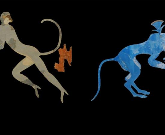 Left, vervet monkey depicted in Minoan art at Akrotiri, Thera; Right, Baboon shown in a fresco at Knossos      Source: Antiquity Publications Ltd