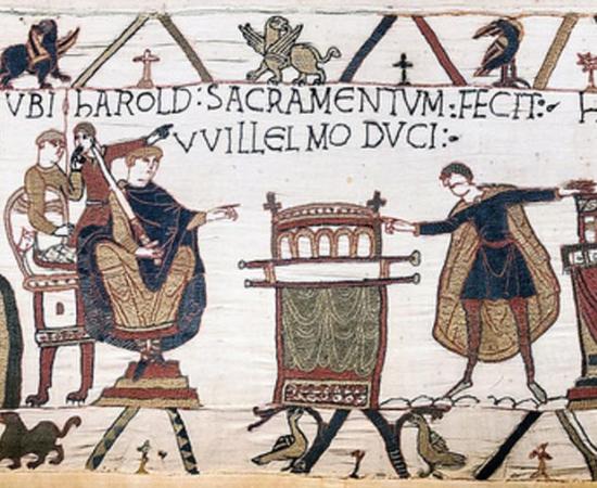 The Bayeux tapestry: Harold swears his oath to William.