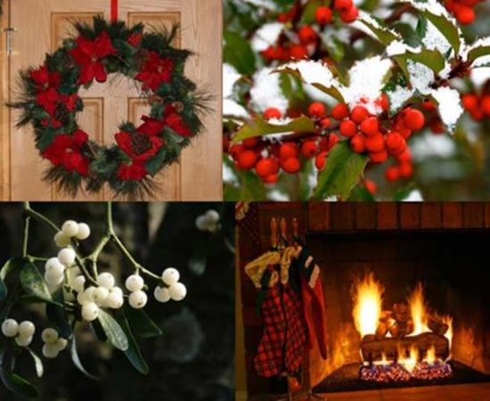 Ancient Christmas customs still held today. A door decorated with a Christmas wreath. (CC0) Snowy holly. (liz west/CC BY 2.0) Mistletoe. (CC0) A Yuletide fireplace. (Randy Robertson/CC BY 2.0)