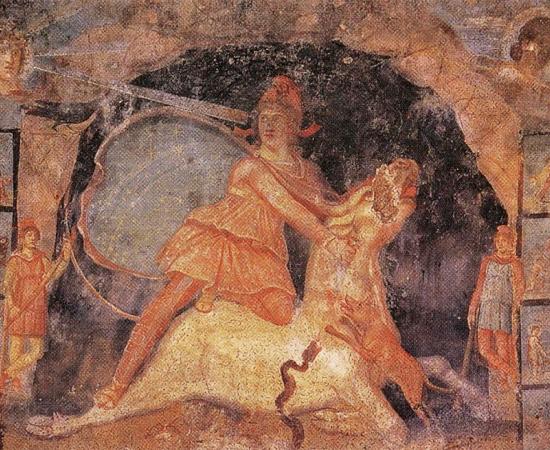 Mithras and the bull, fresco from Temple of Mithras, Marino, Italy, dated 2nd century AD.    Source: Public Domain