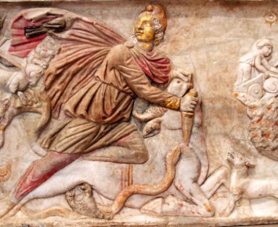 Relief showing Mithras slaying the bull from the Mithraeum found under S. Stefano Rotondo, Rome, late 3rd century AD.