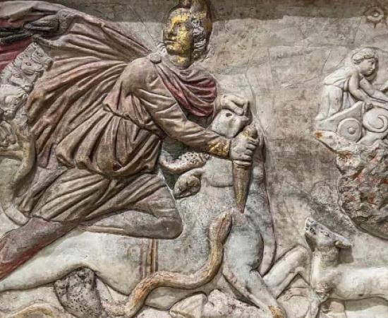 Relief showing Mithras slaying the bull from the Mithraeum found under S. Stefano Rotondo, Rome, late 3rd century AD.