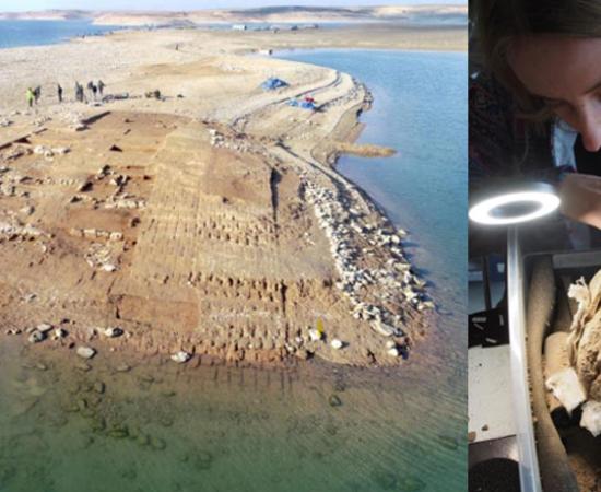 Aerial view of the excavations revealing the Mittani Empire settlement at Kemune with Bronze Age architecture partly submerged in the lake.	Source: © Universities of Freiburg and Tübingen, KAO