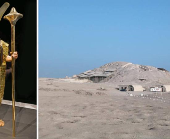 Left; Reconstruction of the Lady of Cao. Right; Huaca Cao Viejo temple at the El Brujo archaeological complex in Peru.